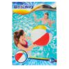 Obraz przedstawia kolorową reklamę piłki plażowej, na której dwie kobiety znajdują się w basenie, a jedna z nich trzyma dużą piłkę plażową.