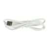 Obraz przedstawia biały kabel USB z wtyczką USB na końcu, starannie zwinięty i zabezpieczony białą opaską zaciskową.