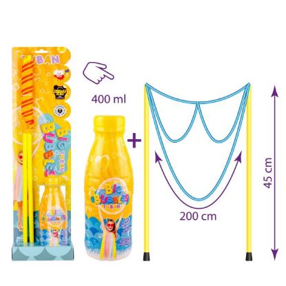 Obraz przedstawia opakowanie produktu "BIG BLOB" z płynem do baniek mydlanych oraz diagram konstrukcji do robienia baniek z wymiarami.