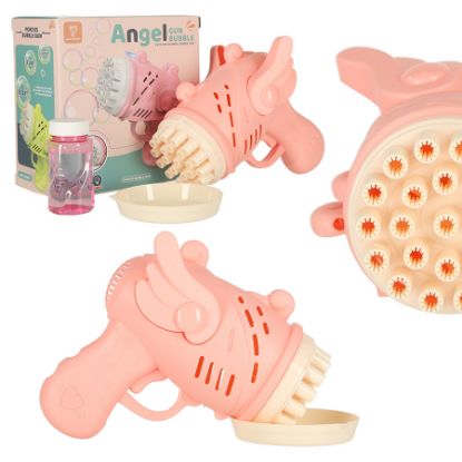 Obraz przedstawia różowo-białą zabawkę "Angel Sun Bubble Gun", z przezroczystą plastikową butelką płynu do baniek widoczną w tle.