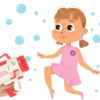 Ilustracja kreskówkowa młodej dziewczynki z kwiatkiem na sukience, trzymającej czerwono-białą zabawkę, która wygląda jak dmuchana różdżka do baniek, z bąbelkami wokół niej.